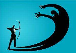 Illustration of a man aiming a bow at a monstrous-shaped shadow of himself looming over himself