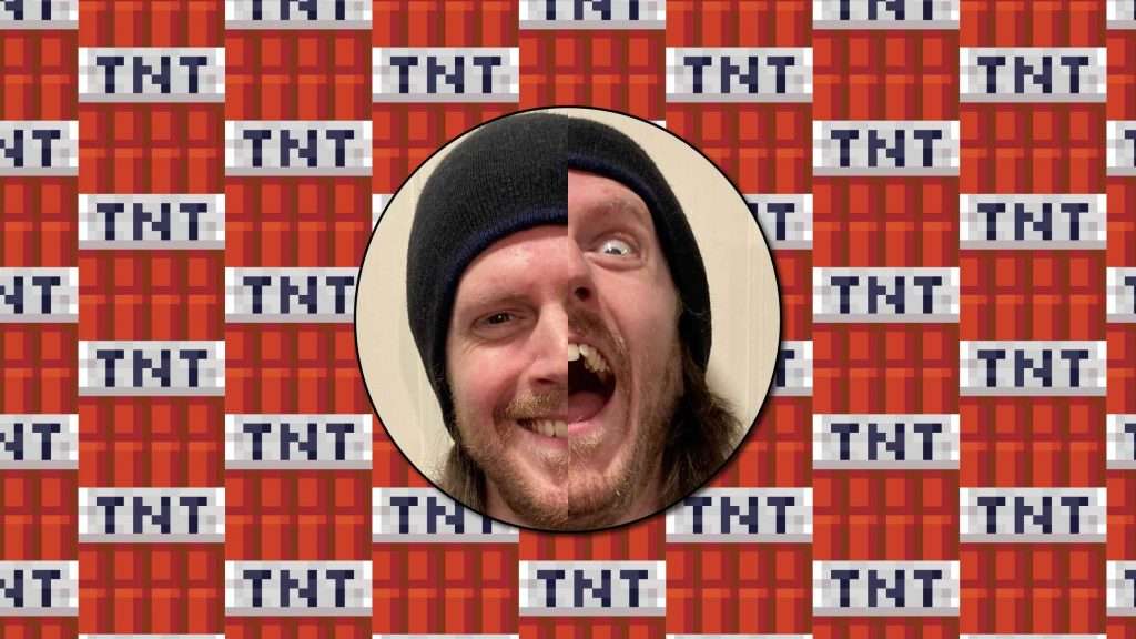 a depiction of ian's giving in to cultural presumptions about what schizophrenia is through the ' crazy sells ' marketing tactic – 2 photos of ian split down the middle and put together making a split of a smiling face and a face with an expression of lunacy in front of a background of a pattern of Minecraft TNT