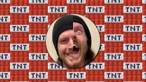 a depiction of ian's giving in to cultural presumptions about what schizophrenia is through the ' crazy sells ' marketing tactic – 2 photos of ian split down the middle and put together making a split of a smiling face and a face with an expression of lunacy in front of a background of a pattern of Minecraft TNT
